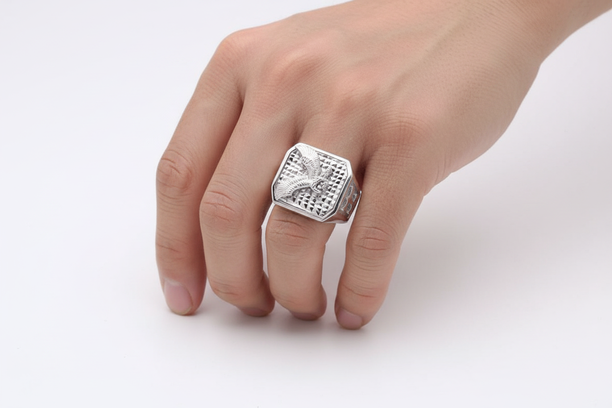 Sterling Silver Rhodium-Plated Men's Diamond Cut Eagle Octagon 18.9mm x 18.3mm Ring