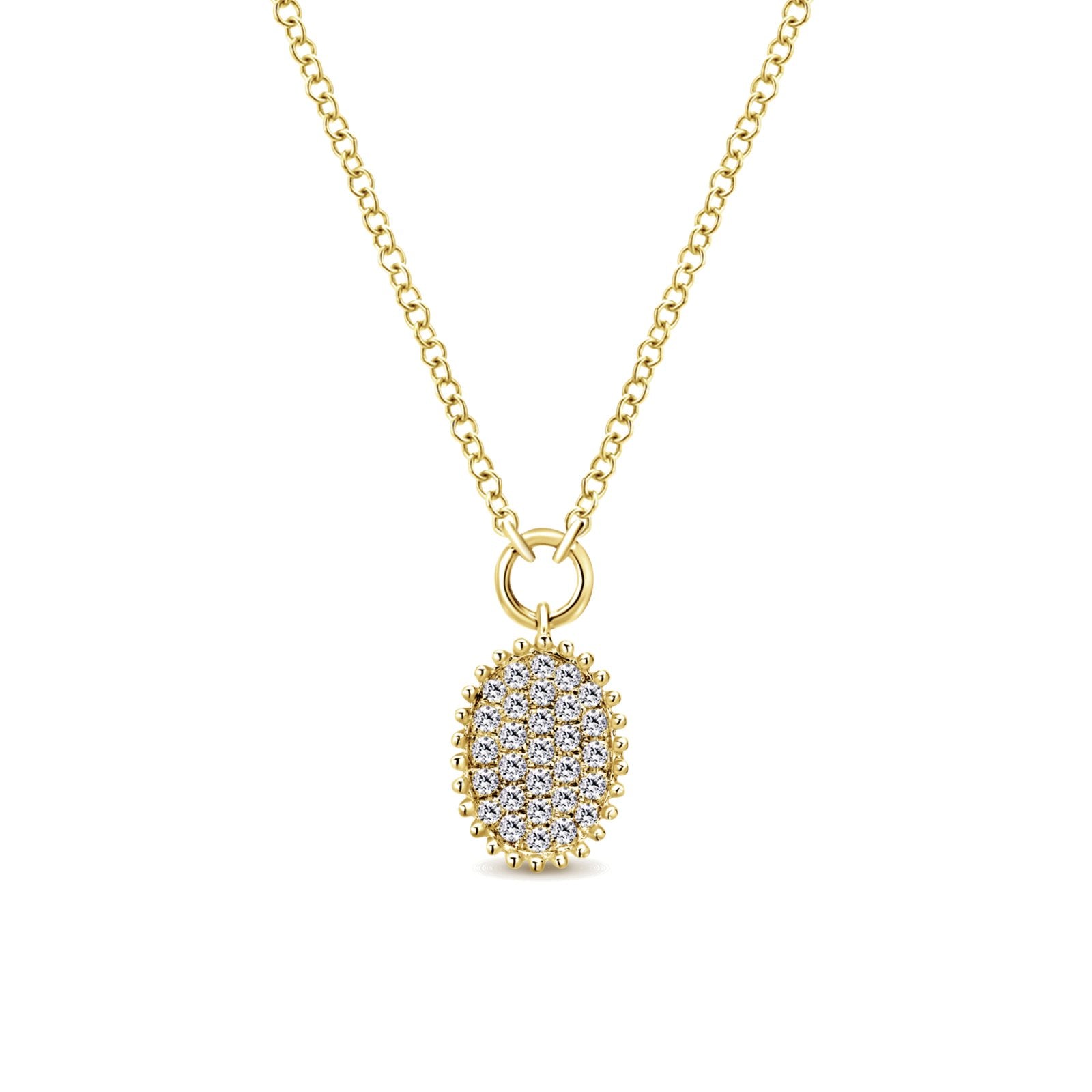 Yellow Gold Gabriel & Co Oval Shape Pavé Diamond Necklace. 14k, TDW: 0.14ct, 17"
