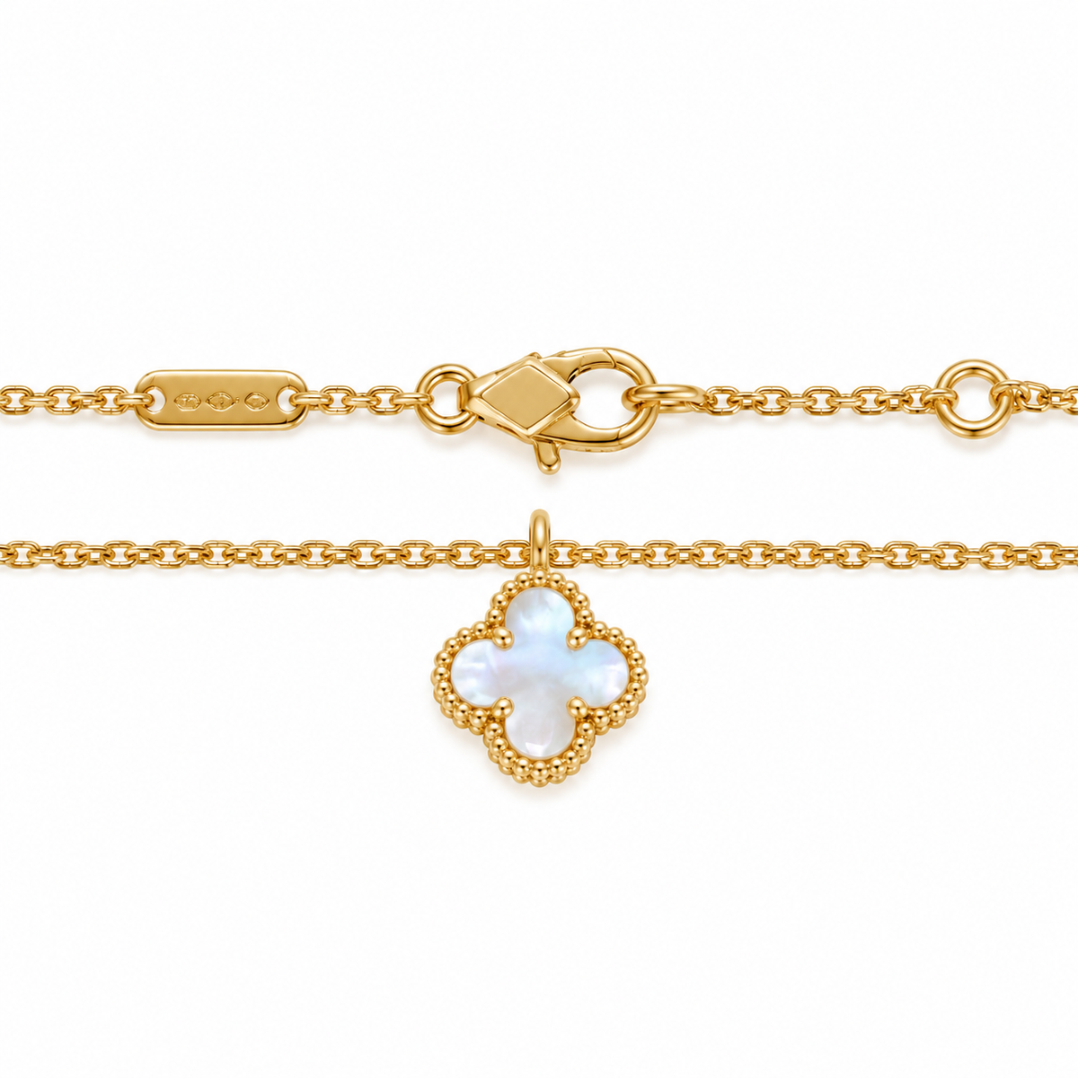Premium Quality 18K Yellow Gold Necklace with Lustrous Mother-of-Pearl Four-Leaf Clover Pendant