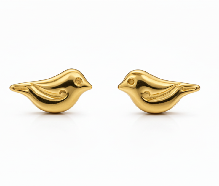 18K Yellow Gold Bird Studs Earrings