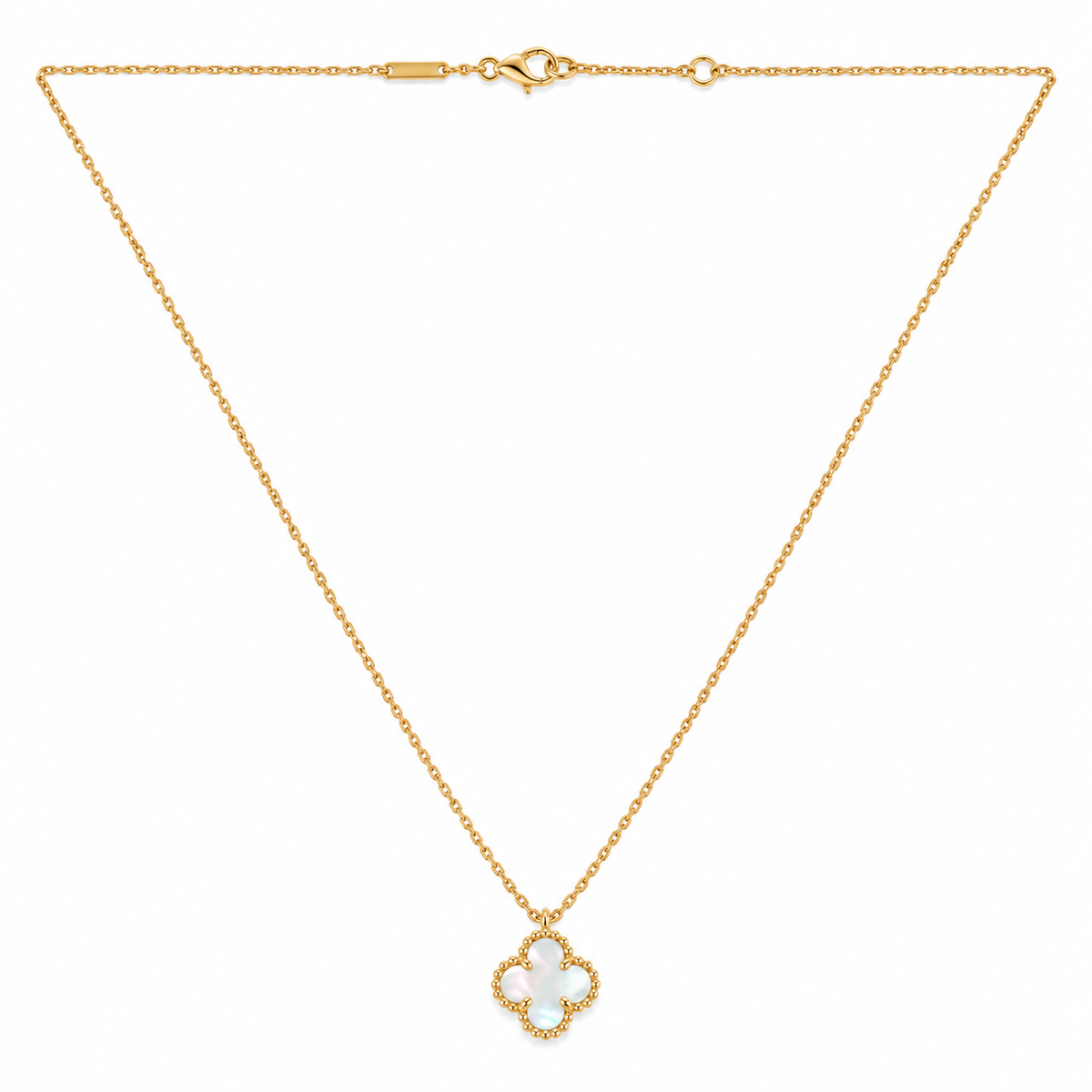 Premium Quality 18K Yellow Gold Necklace with Lustrous Mother-of-Pearl Four-Leaf Clover Pendant