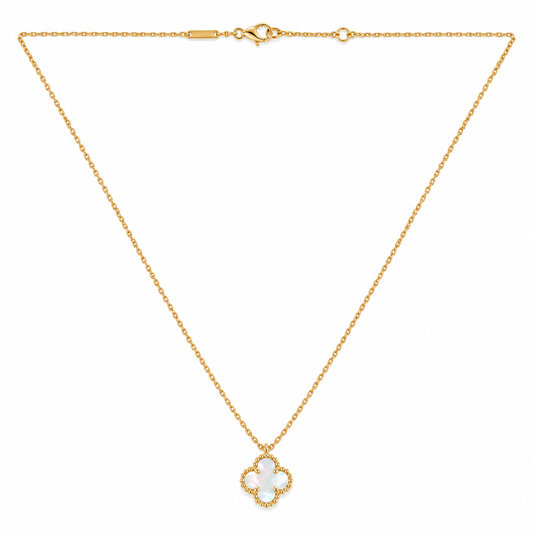 Premium Quality 18K Yellow Gold Necklace with Lustrous Mother-of-Pearl Four-Leaf Clover Pendant