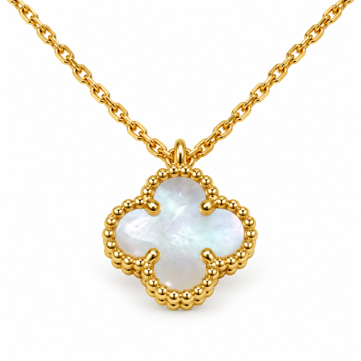 Premium Quality 18K Yellow Gold Necklace with Lustrous Mother-of-Pearl Four-Leaf Clover Pendant
