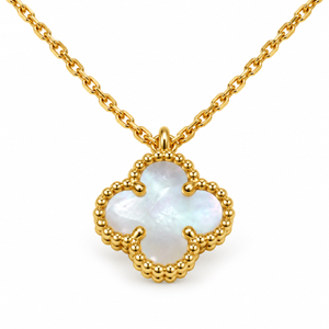 Premium Quality 18K Yellow Gold Necklace with Lustrous Mother-of-Pearl Four-Leaf Clover Pendant