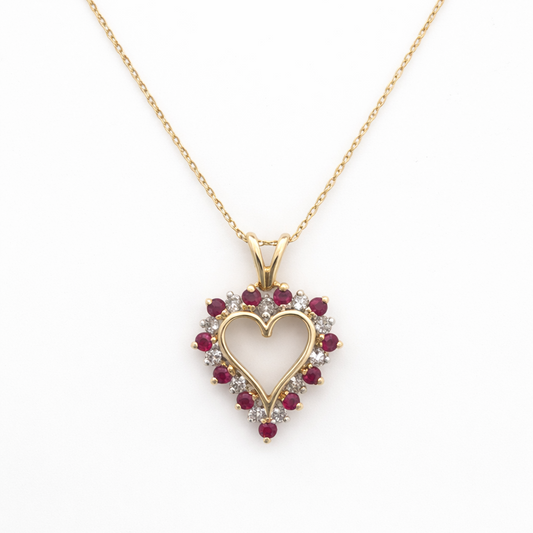 10k Yellow Gold Ruby Diamond Heart Necklace