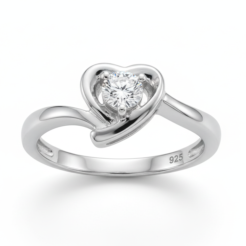 925 Sterling Silver Heart Solitaire Diamond Ring