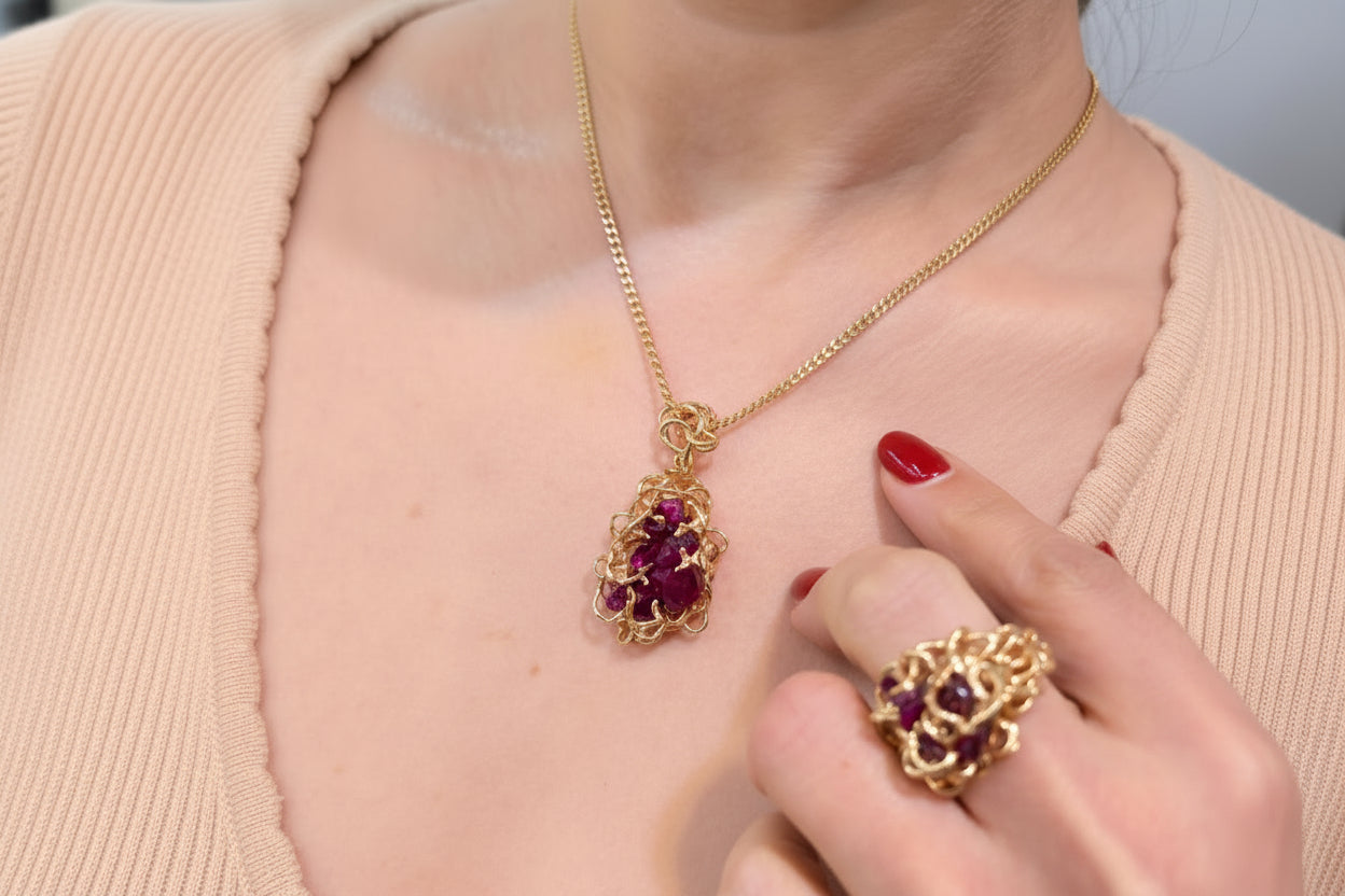 Handcrafted Yellow Gold Natural Ruby Organic Cluster Ring. 14k, Total Ruby Weight: 3.15ct