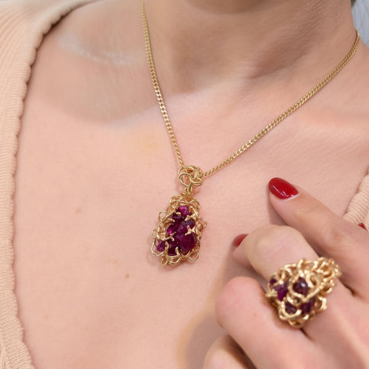 14K Handcrafted Yellow Gold Natural Ruby Organic Cluster Ring