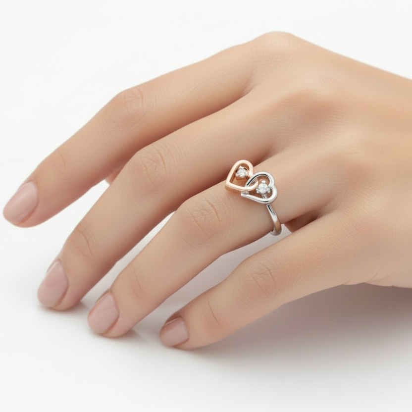 925 Sterling Silver & 10k Rose Gold Two-Tone Interlocking Heart Ring
