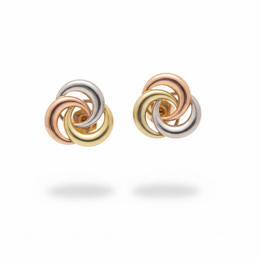 Tri-Tone Gold Trinity Interlocking Stud Earrings 14k
