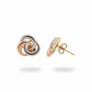 Tri-Tone Gold Trinity Interlocking Stud Earrings 14k