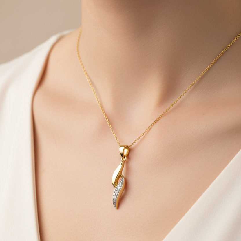 10K Yellow Gold Diamond Swirl Pendant Necklace