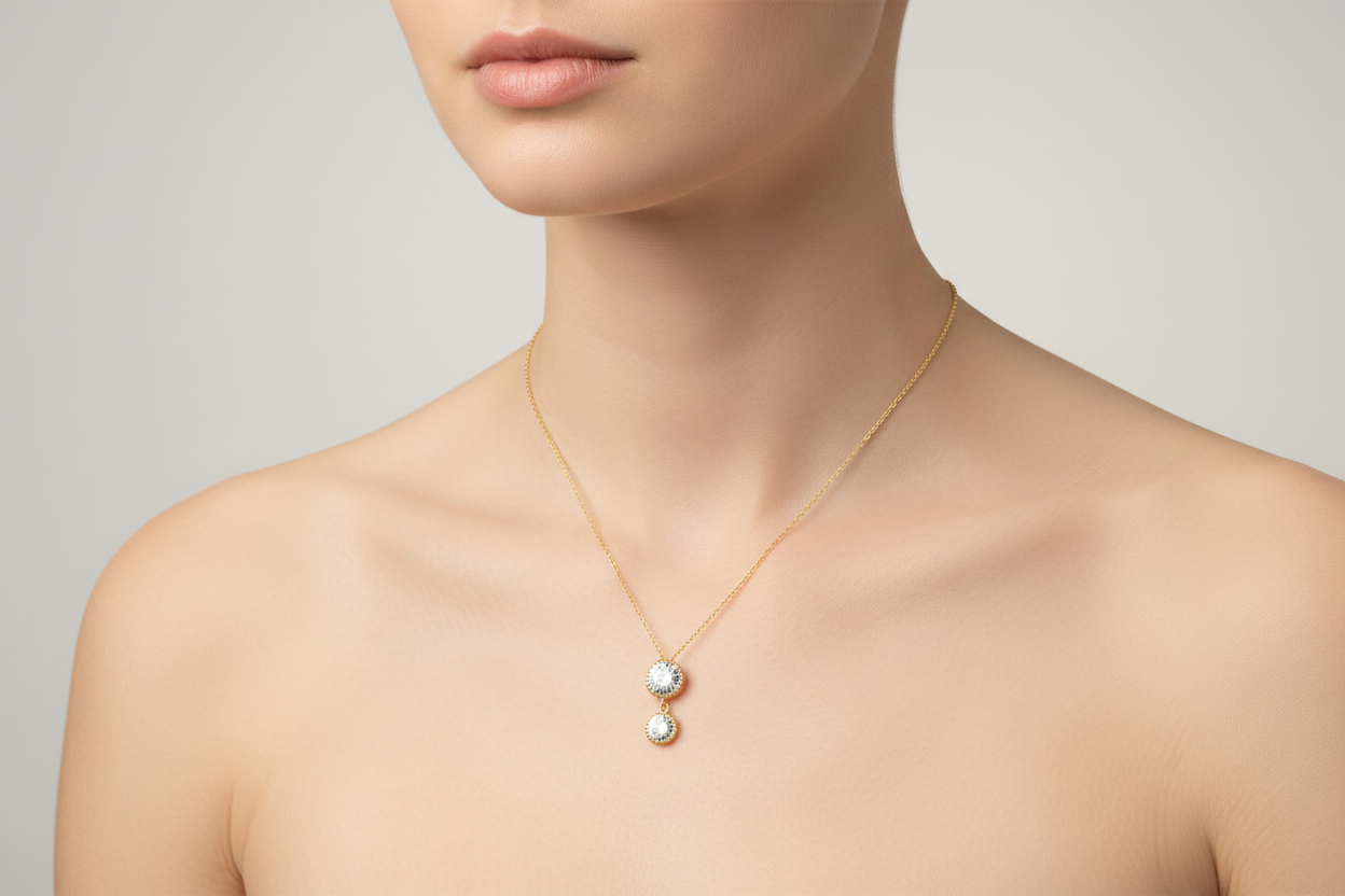 10K Yellow Gold Double Halo CZ Drop Pendant Necklace