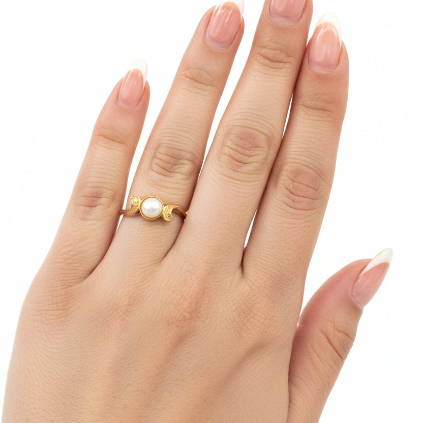 Yellow Gold Pearl Triple Moon Celestial Ring 10k