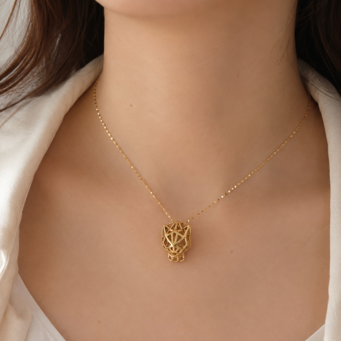18k Yellow Gold Panther Head Pendant Green Eyes CZ Necklace with Oval Disc Chain