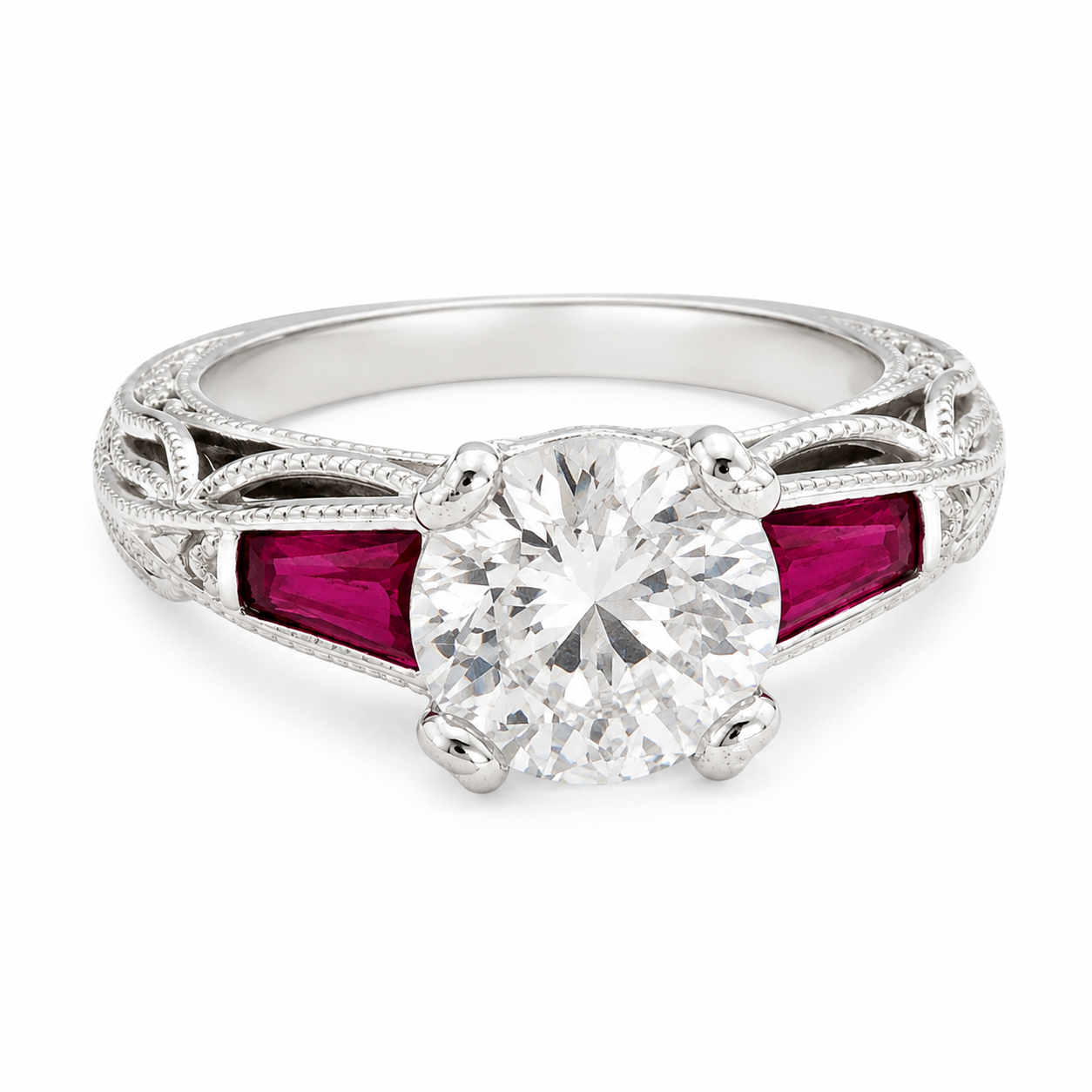 925 Sterling Silver CZ Ring with Red Baguette Accents