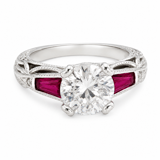 925 Sterling Silver CZ Ring with Red Baguette Accents