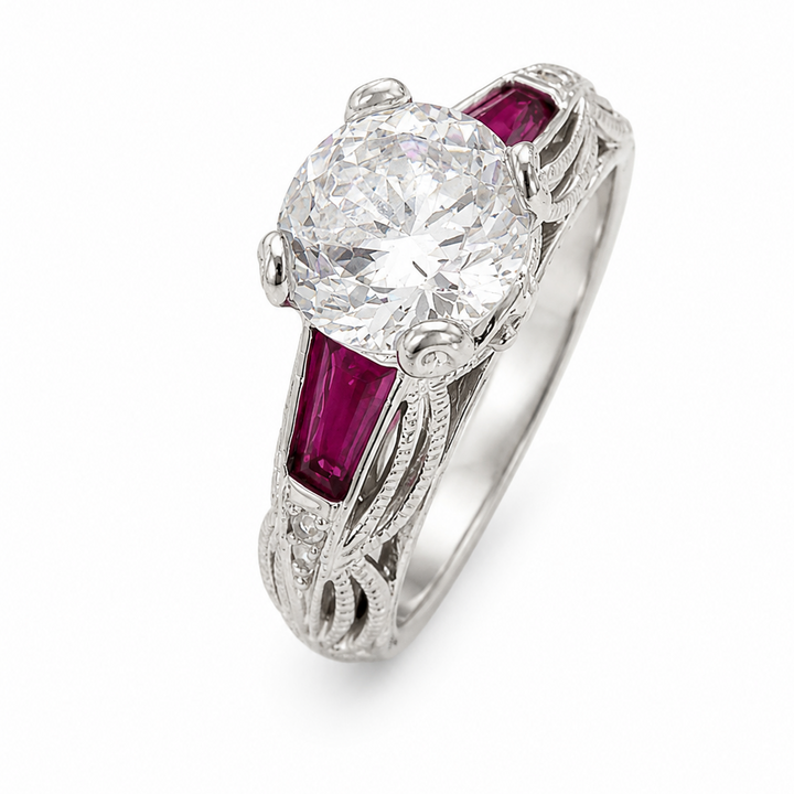 925 Sterling Silver CZ Ring with Red Baguette Accents
