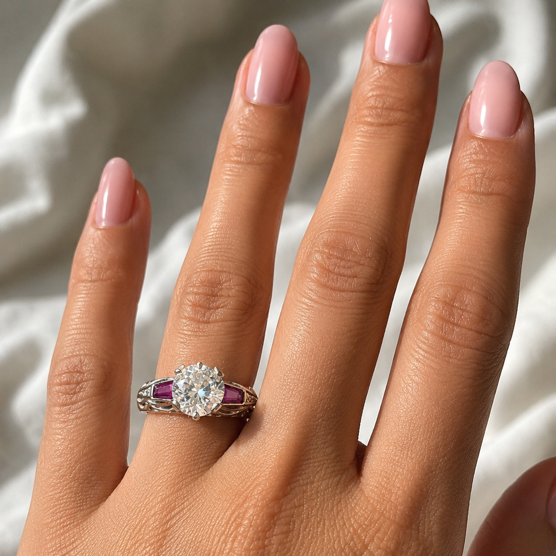 925 Sterling Silver CZ Ring with Red Baguette Accents