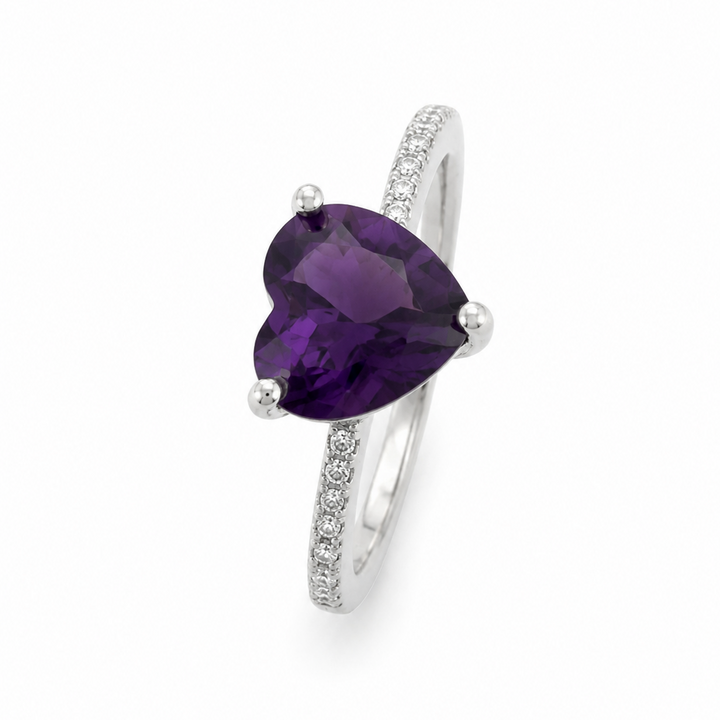 925 Sterling Silver  Heart Cut Purple CZ Ring with Pavé CZ Accents