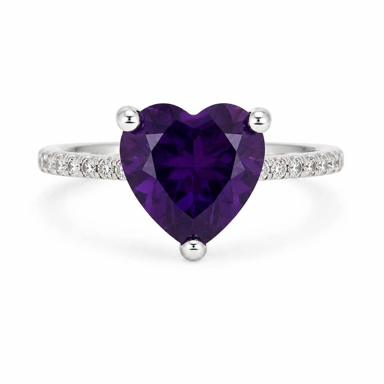 925 Sterling Silver  Heart Cut Purple CZ Ring with Pavé CZ Accents