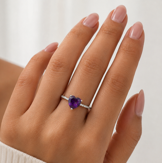 925 Sterling Silver  Heart Cut Purple CZ Ring with Pavé CZ Accents