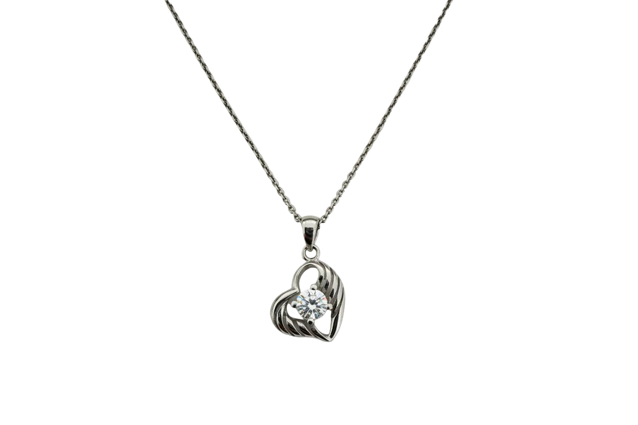 Sterling Silver 925 Heart Necklace Set with One Cubic Zirconia