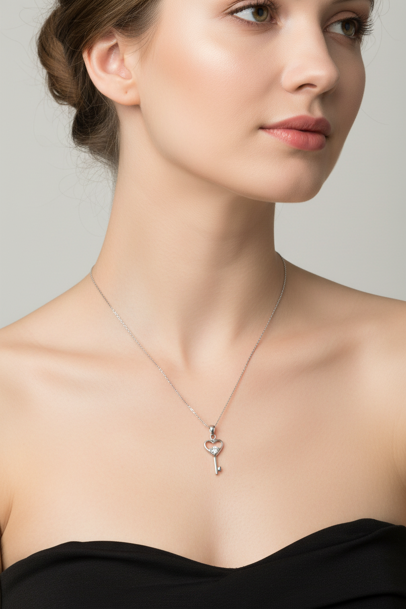 Sterling Silver 925 Key Necklace Set with Cubic Zirconia