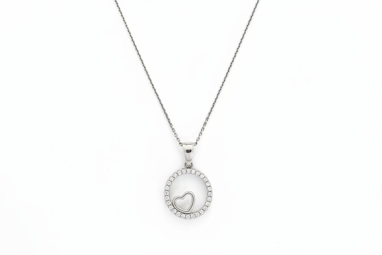 Sterling Silver 925 A Circle with Heart Necklace Set with Cubic Zirconia