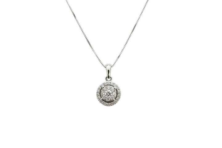 14K White Gold Chain and Round Cluster Diamond Pendant 16'' TDW:0.32 FG VS2