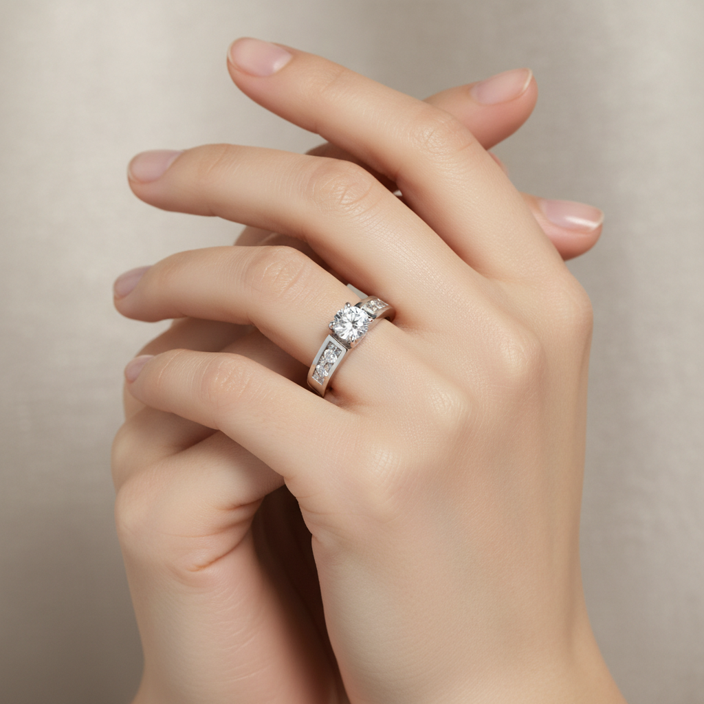 White Gold Solitaire Ring with One Round Diamonds in center and 16 Round Diamonds on Shanks 14k TDW: 0.85ct I2 GH