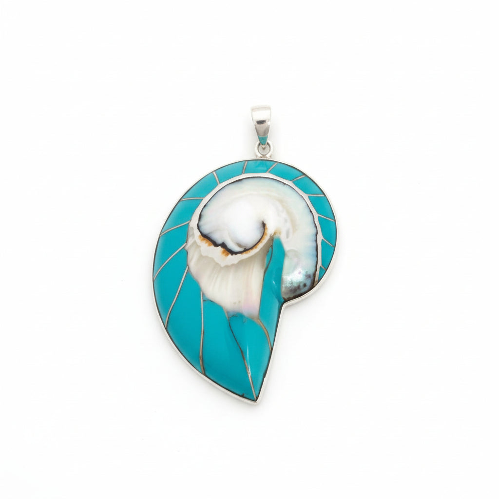 925 Sterling Silver Turquoise Inlay Shell Style Pendant