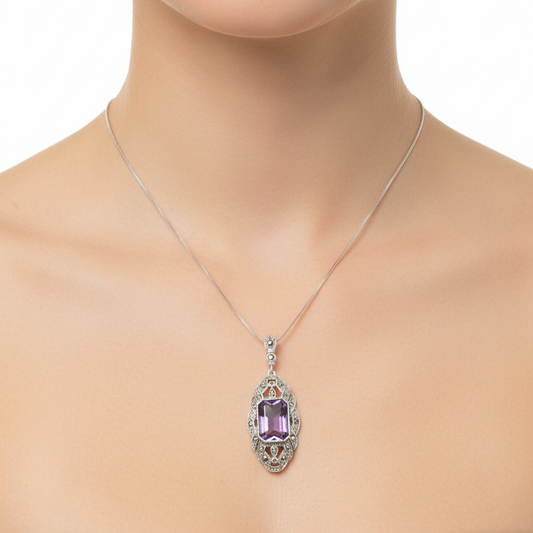 925 Sterling Silver Amethyst Filigree Pendant