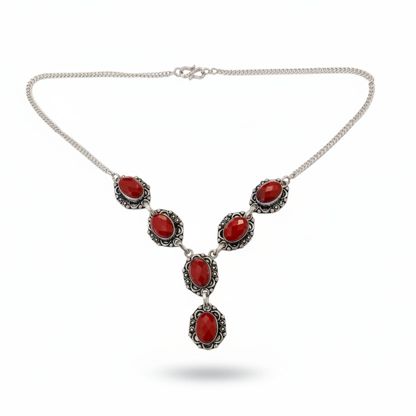 925 Sterling Silver Y Style red Stone Filigree Necklace