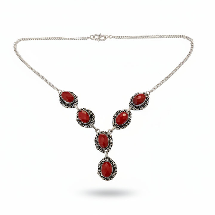 925 Sterling Silver Y Style red Stone Filigree Necklace
