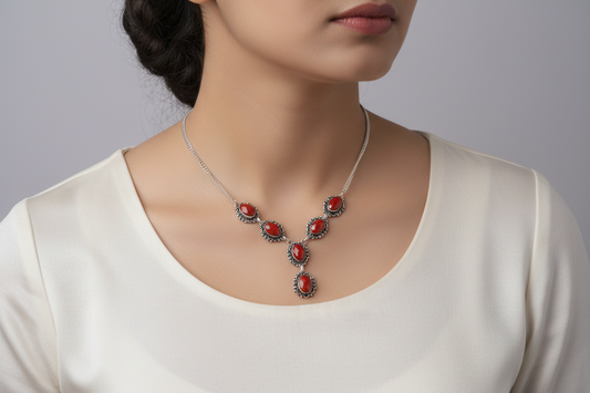 925 Sterling Silver Y Style red Stone Filigree Necklace