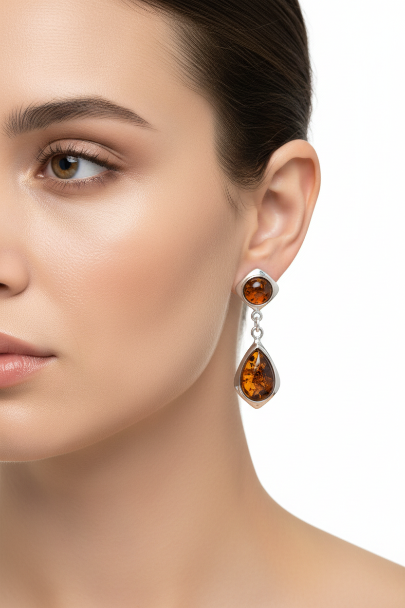 925 Sterling Silver Amber Style Double Drop Earrings