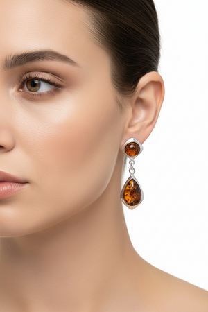 925 Sterling Silver Amber Style Double Drop Earrings