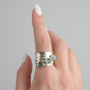 925 Sterling Silver Blue Topaz Triple Spinner Meditation Ring