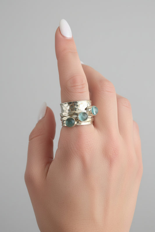 925 Sterling Silver Blue Topaz Triple Spinner Meditation Ring