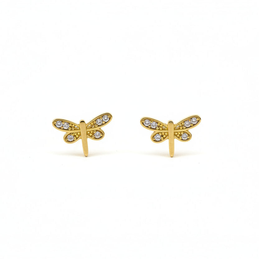 Yellow Gold Dragonfly Design With CZ Earring, 18k, 1.2gr