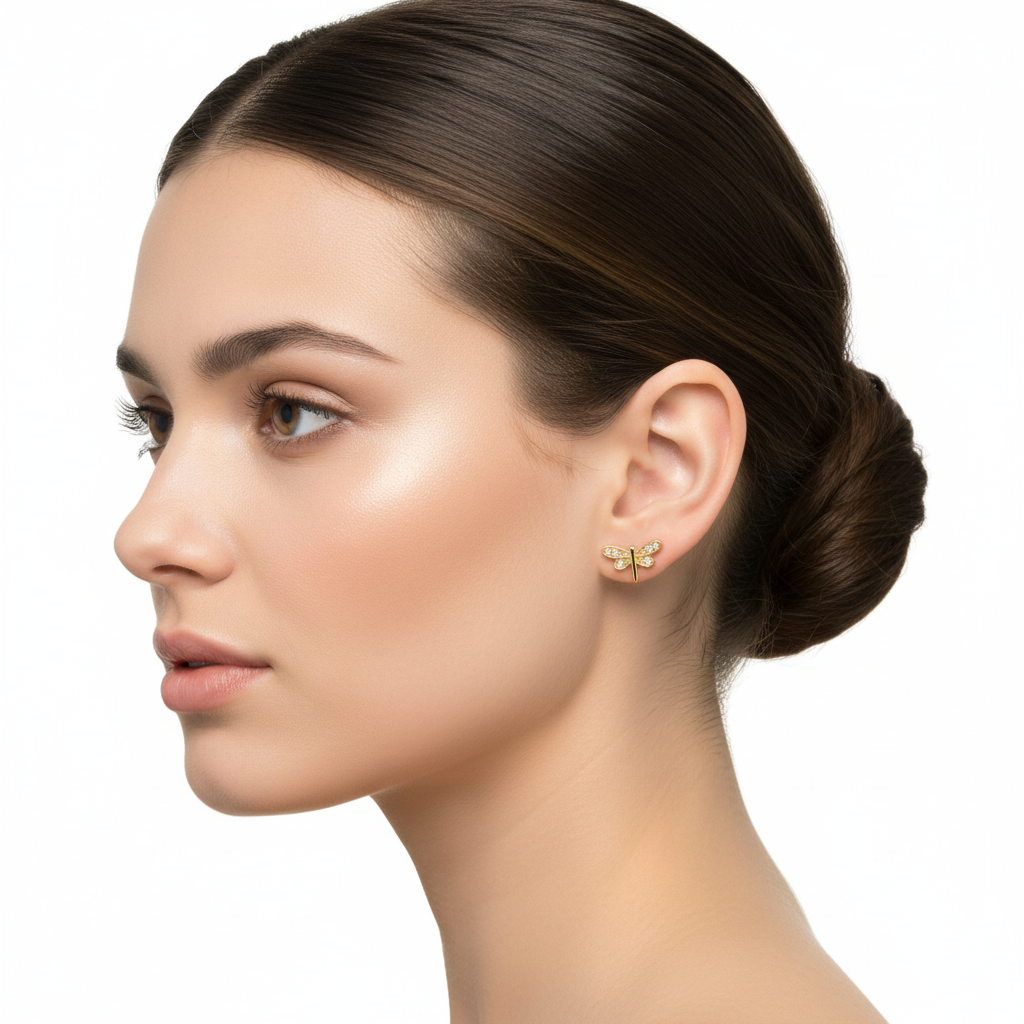 Yellow Gold Dragonfly Design With CZ Earring, 18k, 1.2gr