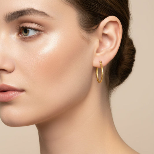 18K Yellow Gold Textured Hoop Earrings 17mm 1.38gr