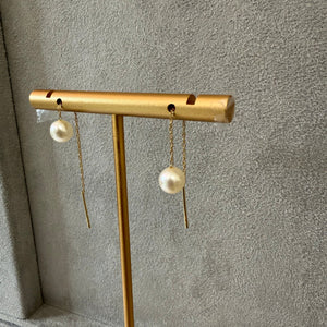 Yellow Gold Freshwater Pearl Threader Earrings, 14k, 6.2mm Pearls