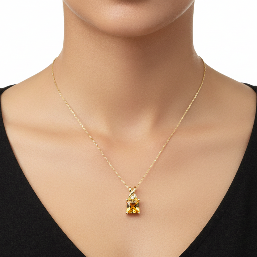 10K Yellow Gold Square Cut Citrine Necklace C: 1.12ct TDW: 0.01ct SI I