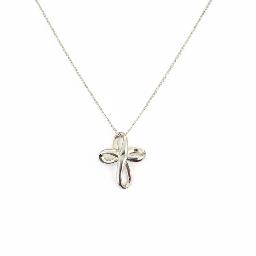 925 Sterling Silver Ribbon Cross CZ Pendant Necklace