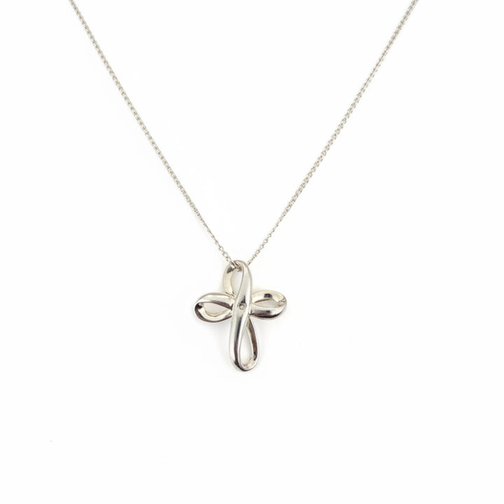 925 Sterling Silver Ribbon Cross CZ Pendant Necklace