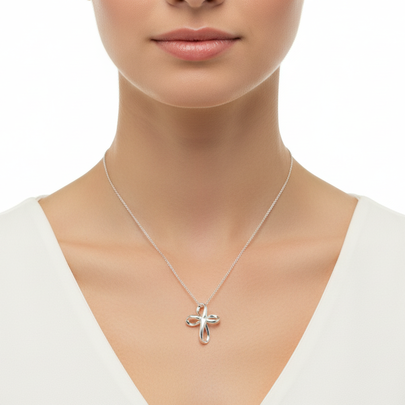 925 Sterling Silver Ribbon Cross CZ Pendant Necklace