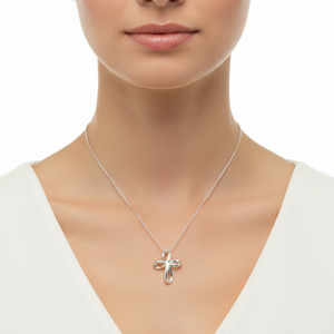925 Sterling Silver Ribbon Cross CZ Pendant Necklace