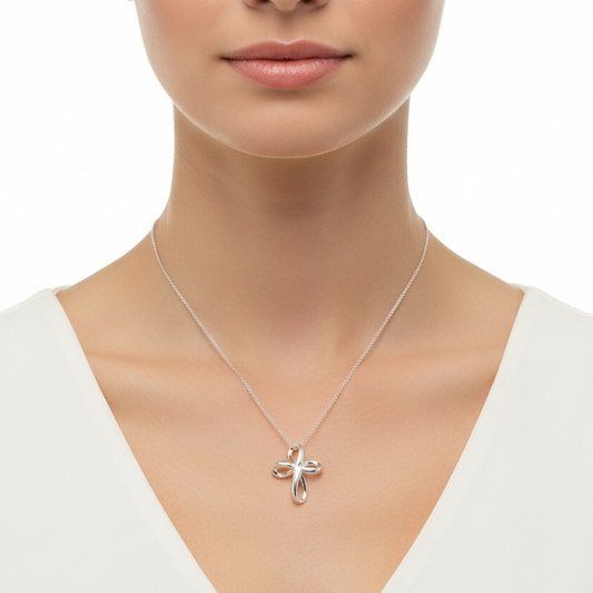 925 Sterling Silver Ribbon Cross CZ Pendant Necklace